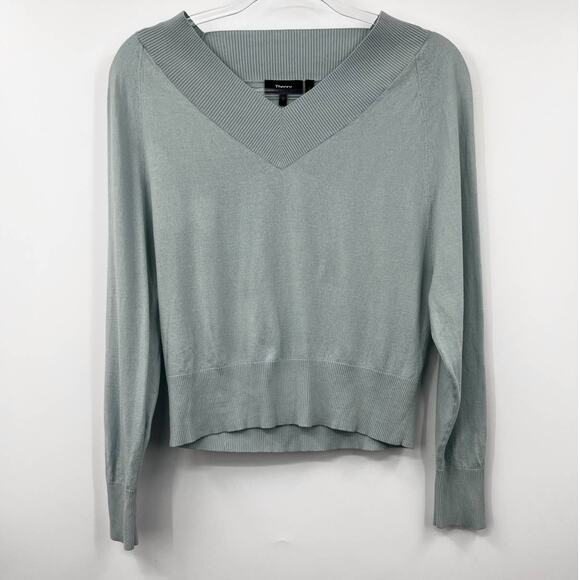 Theory Women's Deep V Neck Rib Wool Sweater Stretch Long Sleeve Mint Size M - Picture 2 of 5